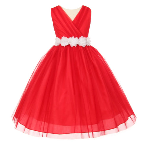 Little Girls Red White Chiffon Floral Sash Tulle Flower Girl Dress 2-6 - SophiasStyle.com